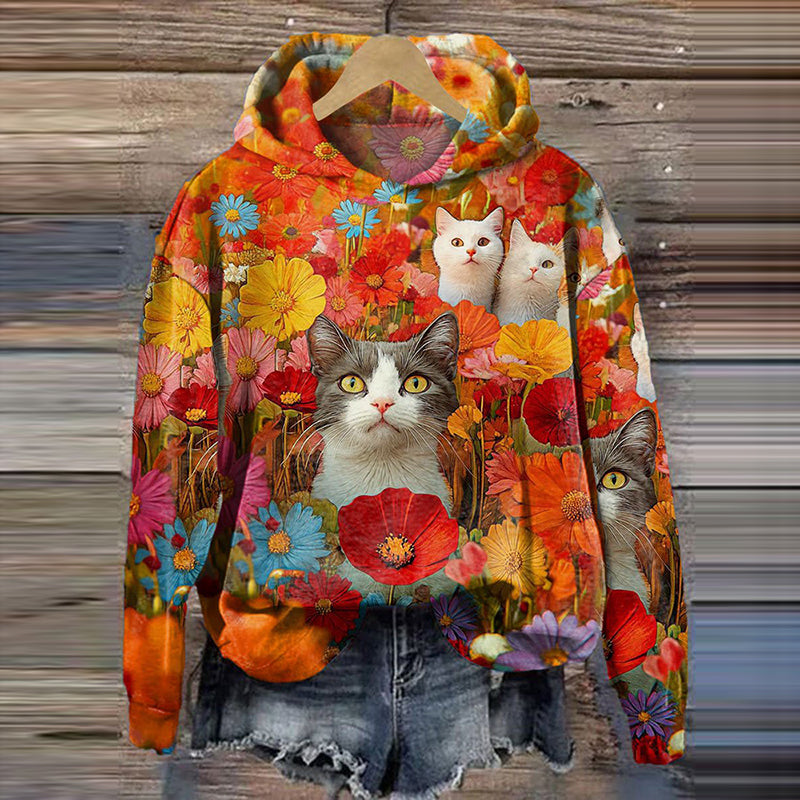 Women Cute Cats And Floral Art Print Casual Hoodie elevenforest