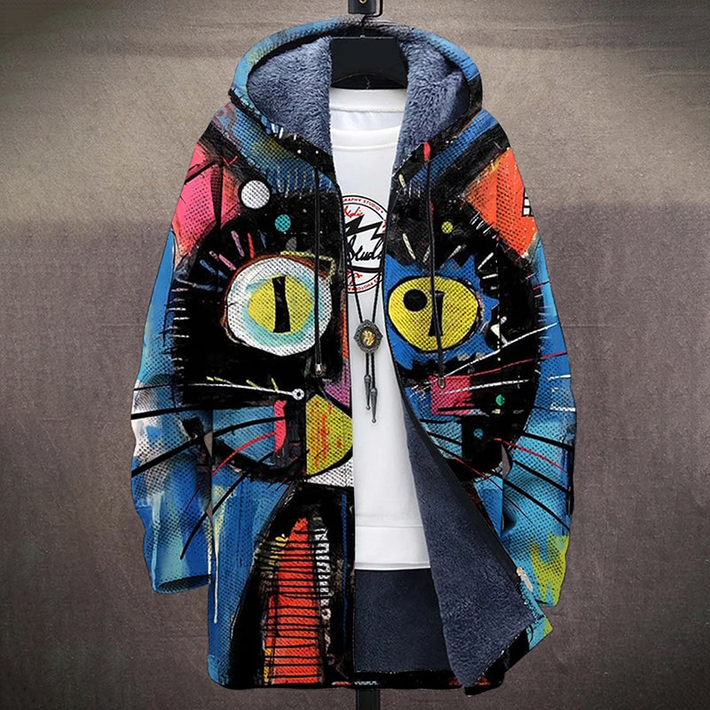 Abstract Cat Pattern Plush Thick Long Sleeve Sweater Cardigan Coat elevenforest