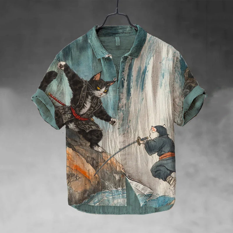 Men's Retro Japanese Samurai Cats Fight Art Casual Short Sleeve Shirts elevenforest