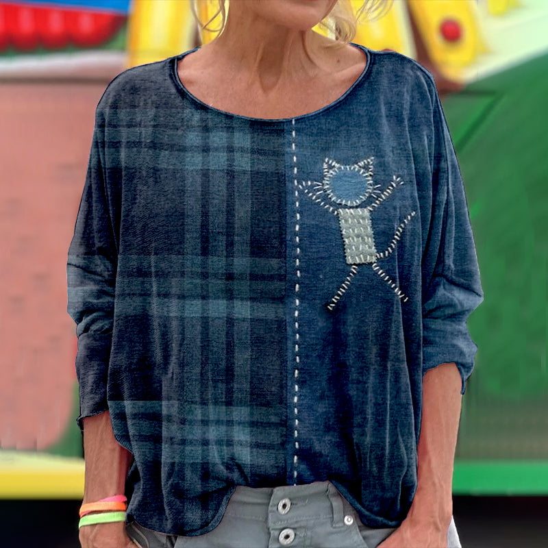 Cute Embroidered Cat Plaid Women's Vintage Linen Crew Neck T-shirt elevenforest