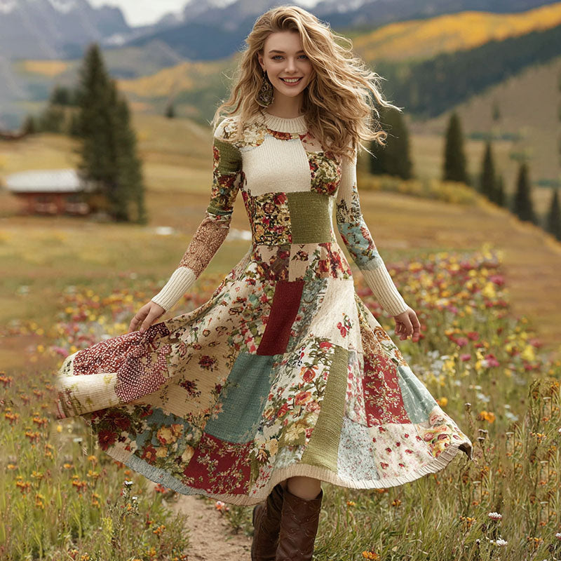 Women's Patchwork Floral Art Cozy Knit Maxi Sweater Dress artswardrobe