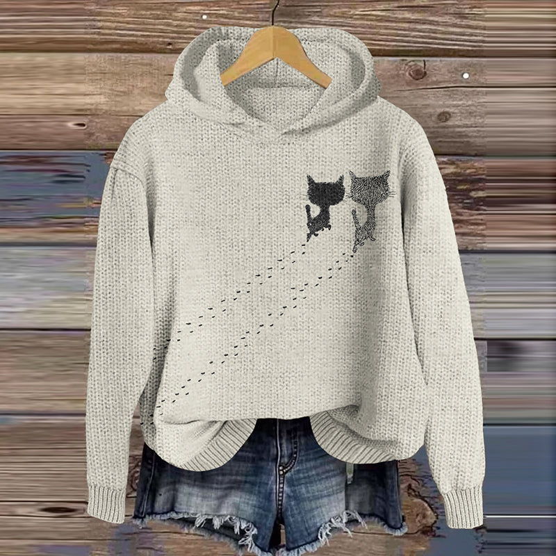 Cute Cats Walking Together Art Pattern Knitted Hooded Sweater elevenforest