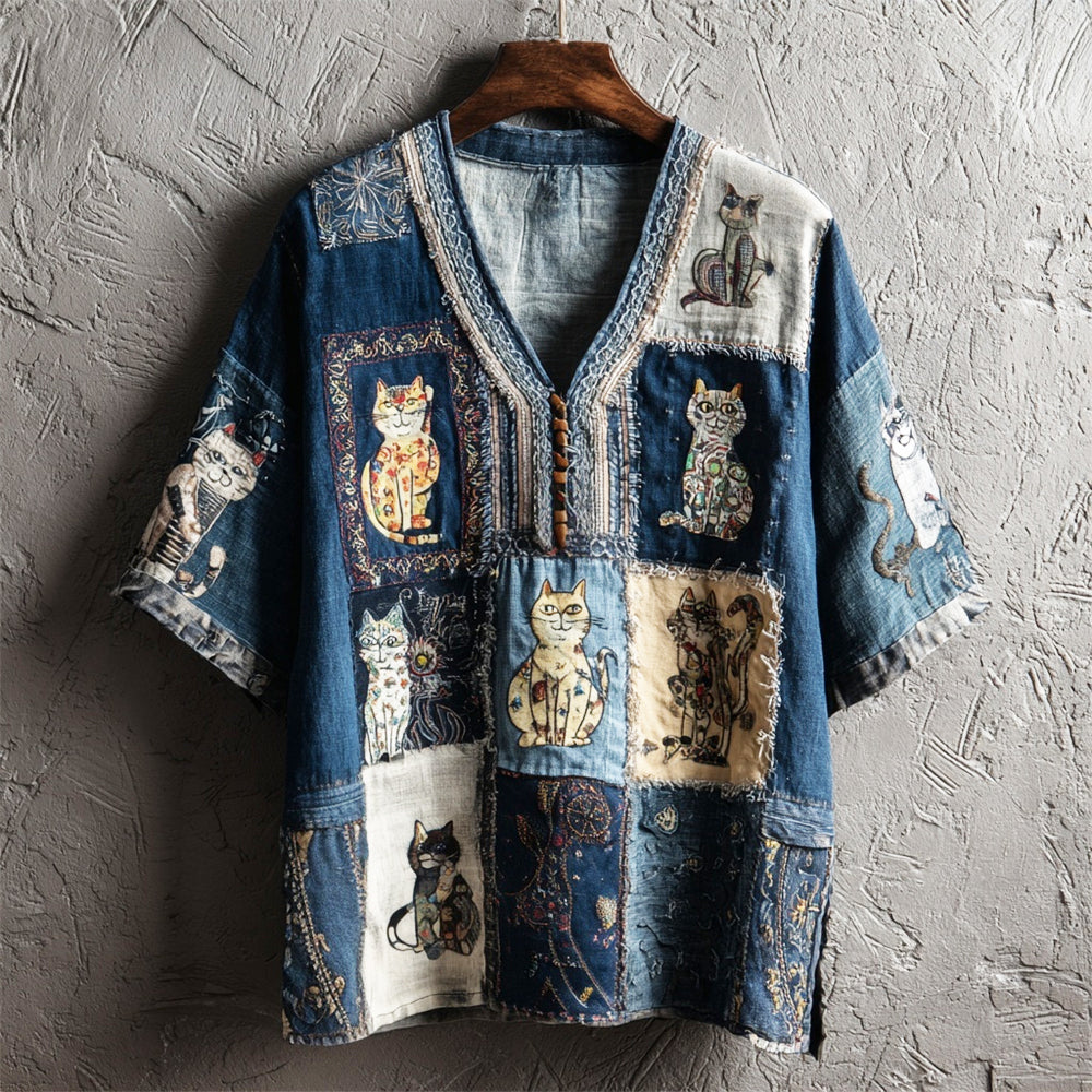 Vintage Shabby Patchwork Cats Women's Linen V-neck T-shirt elevenforest