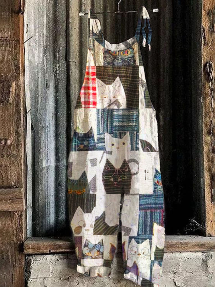 Boho Vintage Cat Women's Linen Jumpsuit elevenforest