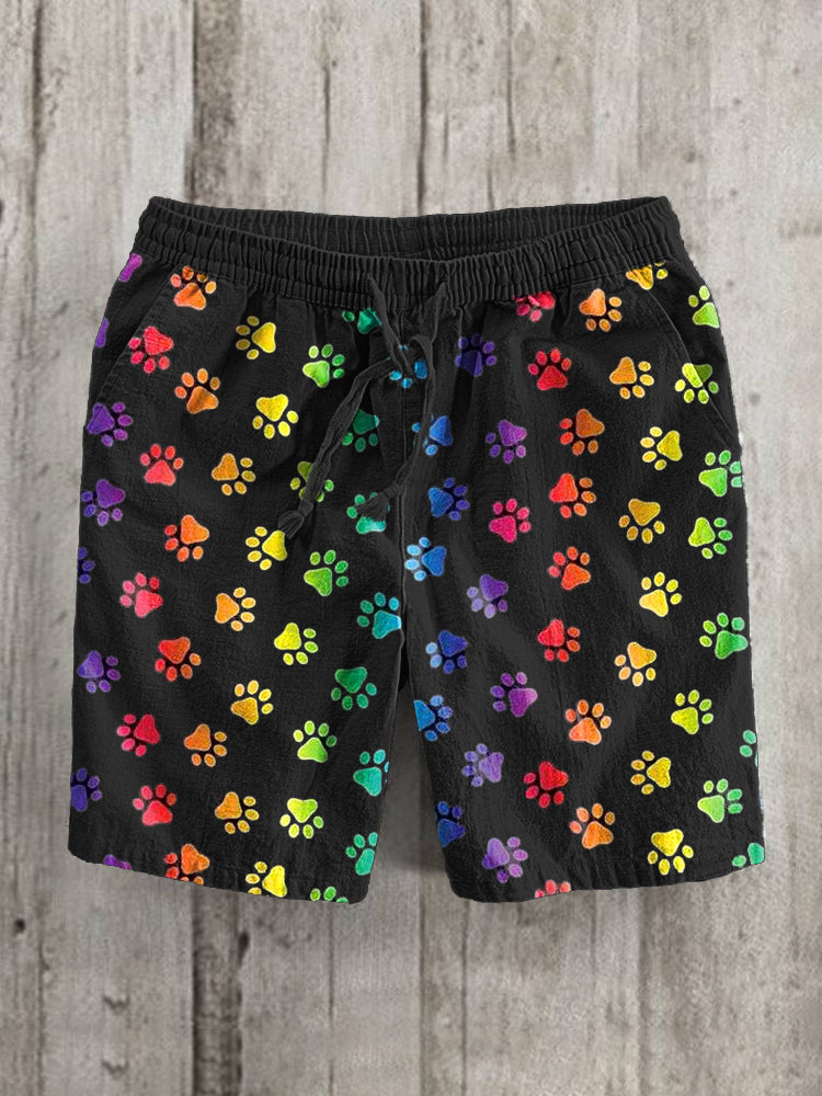 Colorful Paw Print Linen Blend Casual Shorts elevenforest