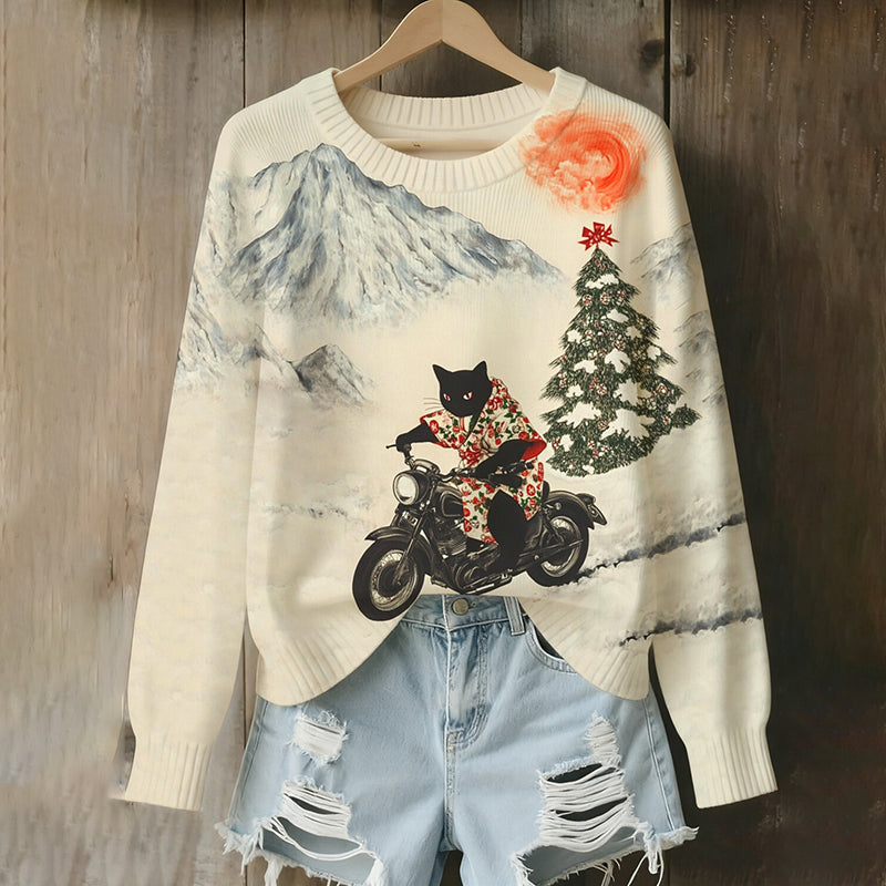 Women's Christmas Black Cat Riding A Motorcycle On A Snowy Mountain Print Knit Sweater artswardrobe