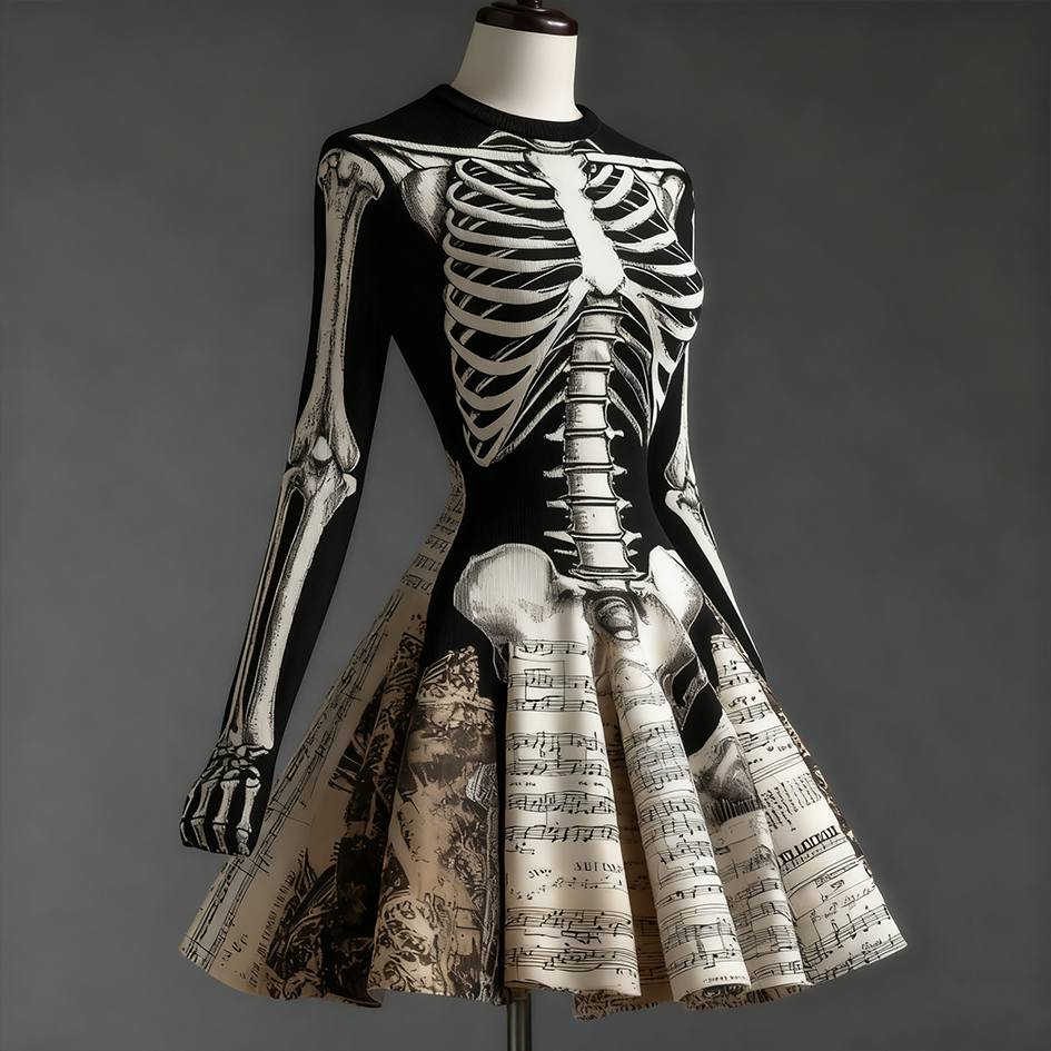 Halloween Skeleton Melody Women's Round Neck Knit Sweater Dress artswardrobe