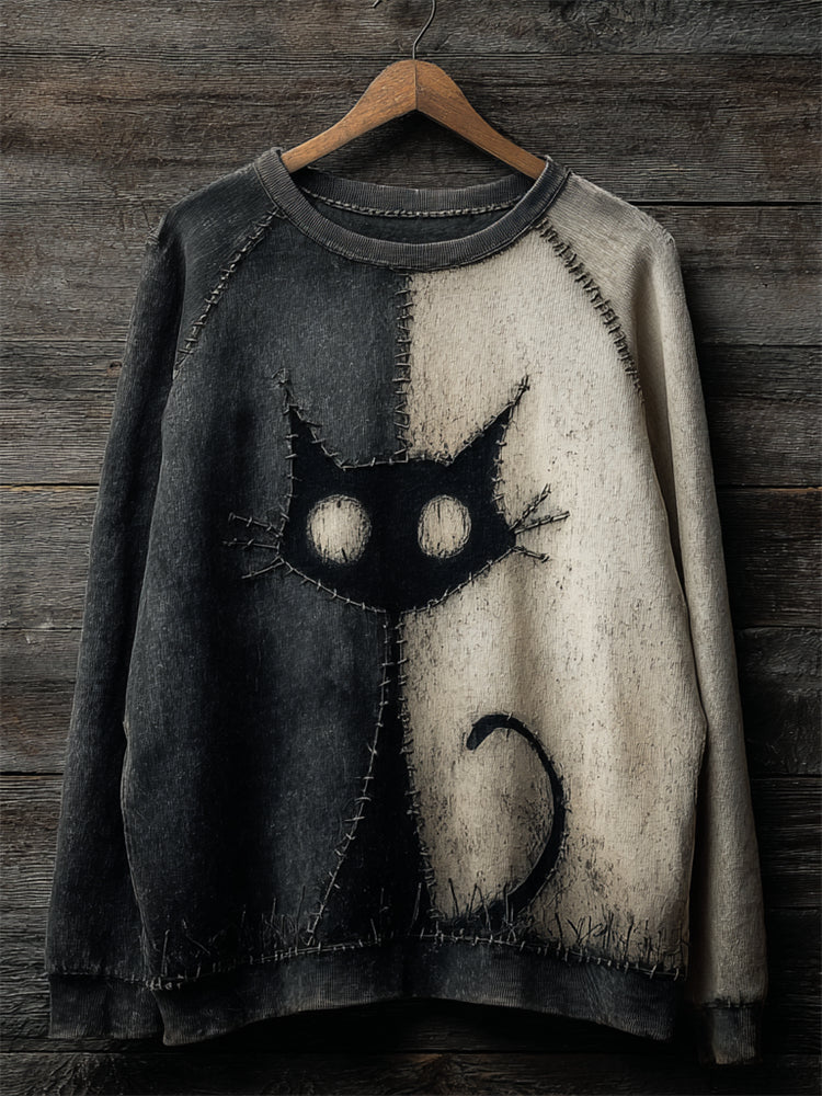 Halloween Black Cat Contrast Stitched Washed Sweatshirt elevenforest