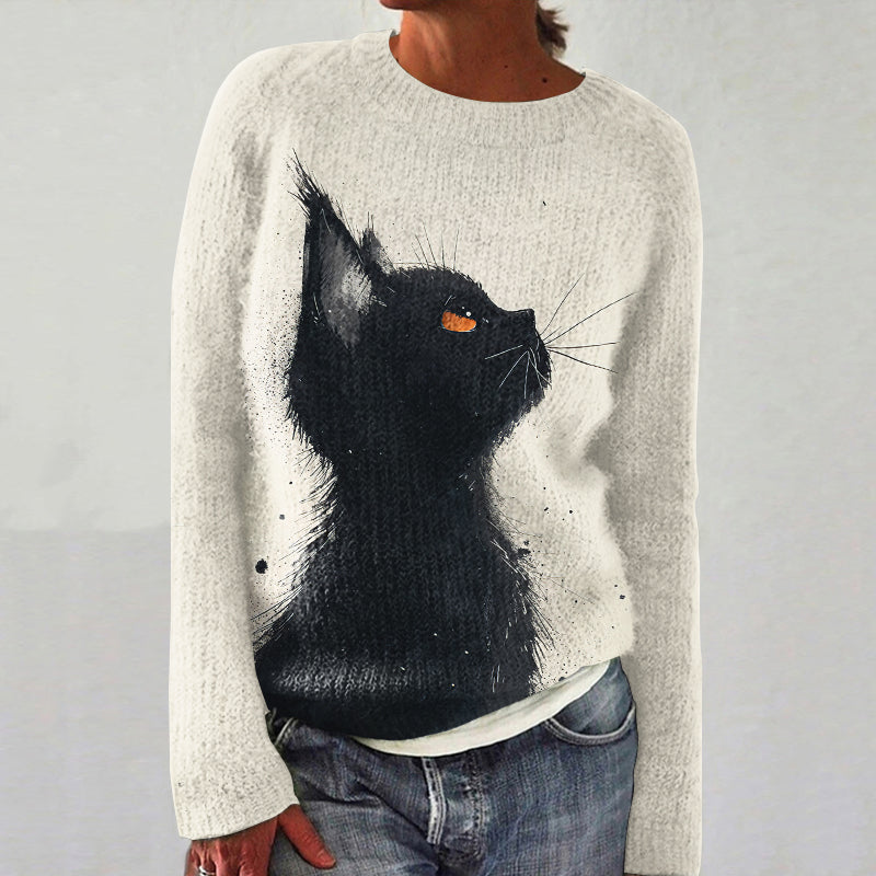 Vintage Black Cat Casual Crew Neck Sweater elevenforest