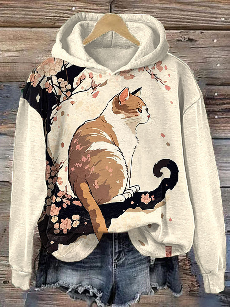 Japanese Art Style Cat Print Casual Hooded elevenforest