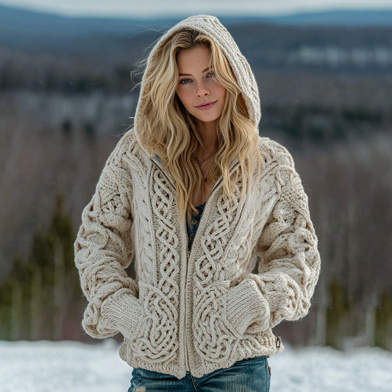 Women's Viking Celtic Knot Pattern Cozy Knit Zip Up Hooded Sweater artswardrobe