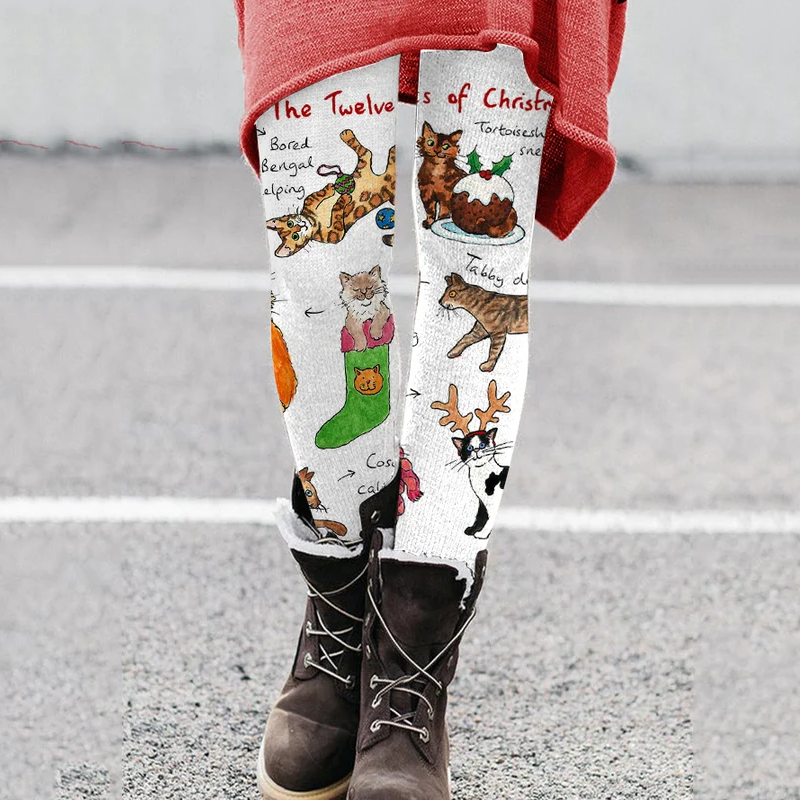 The Twelve Cats Of Christmas Print Casual Casual Leggings elevenforest