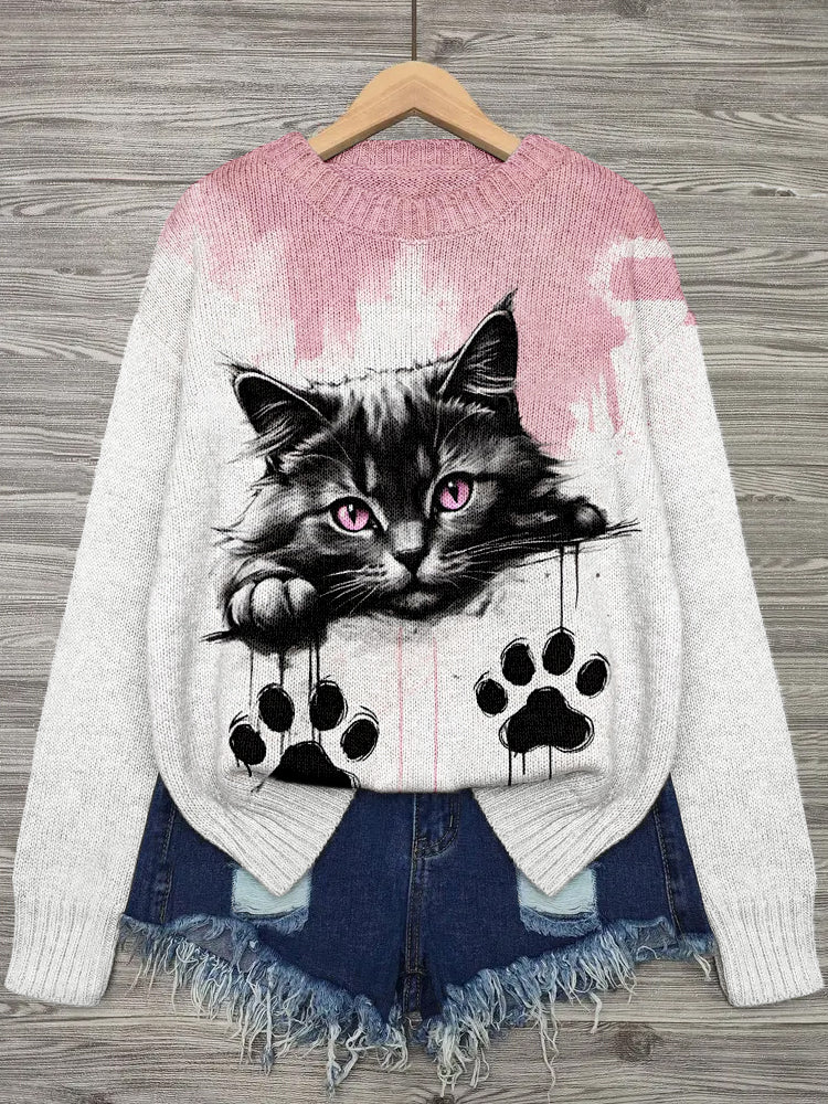 Cute Cat And Paws Pattern Cozy Sweater elevenforest