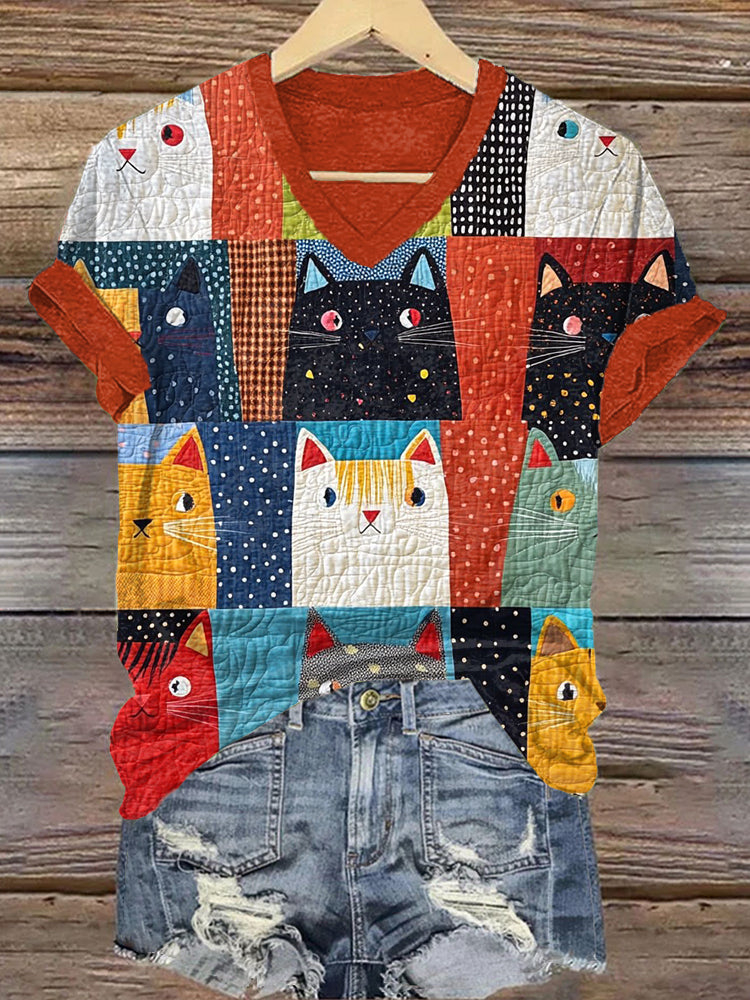 Cute Cat Patchwork V-Neck T-Shirt elevenforest