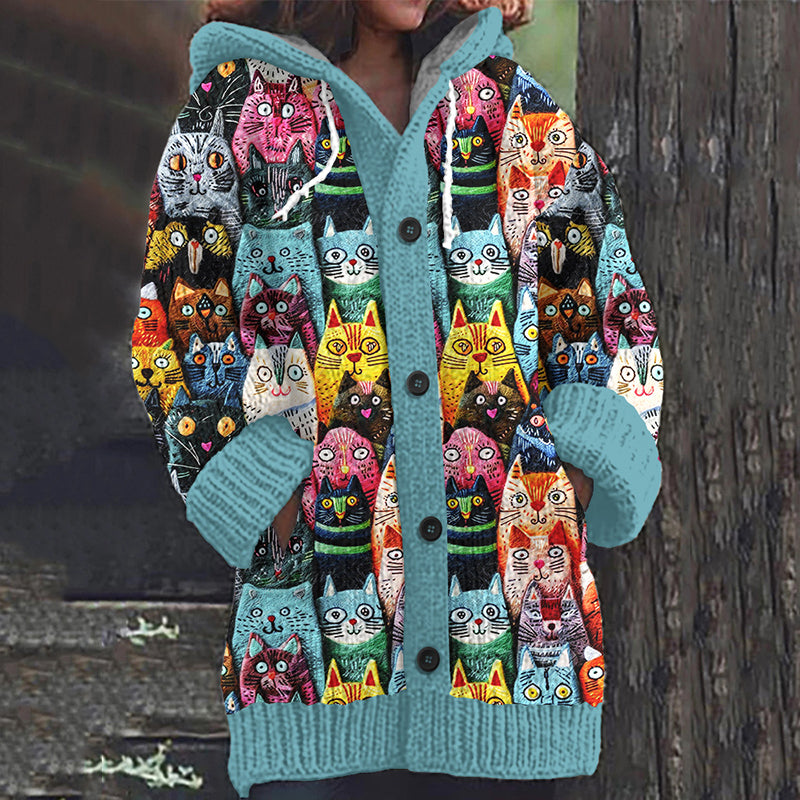 Cute Cats Embroidered Pattern Cozy Hooded Knit Sweater elevenforest