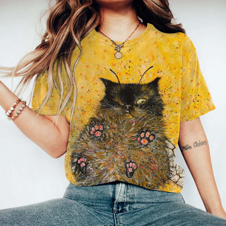 Women's Abstract Creative Cute Black Cat Bee Art Print T-shirt elevenforest