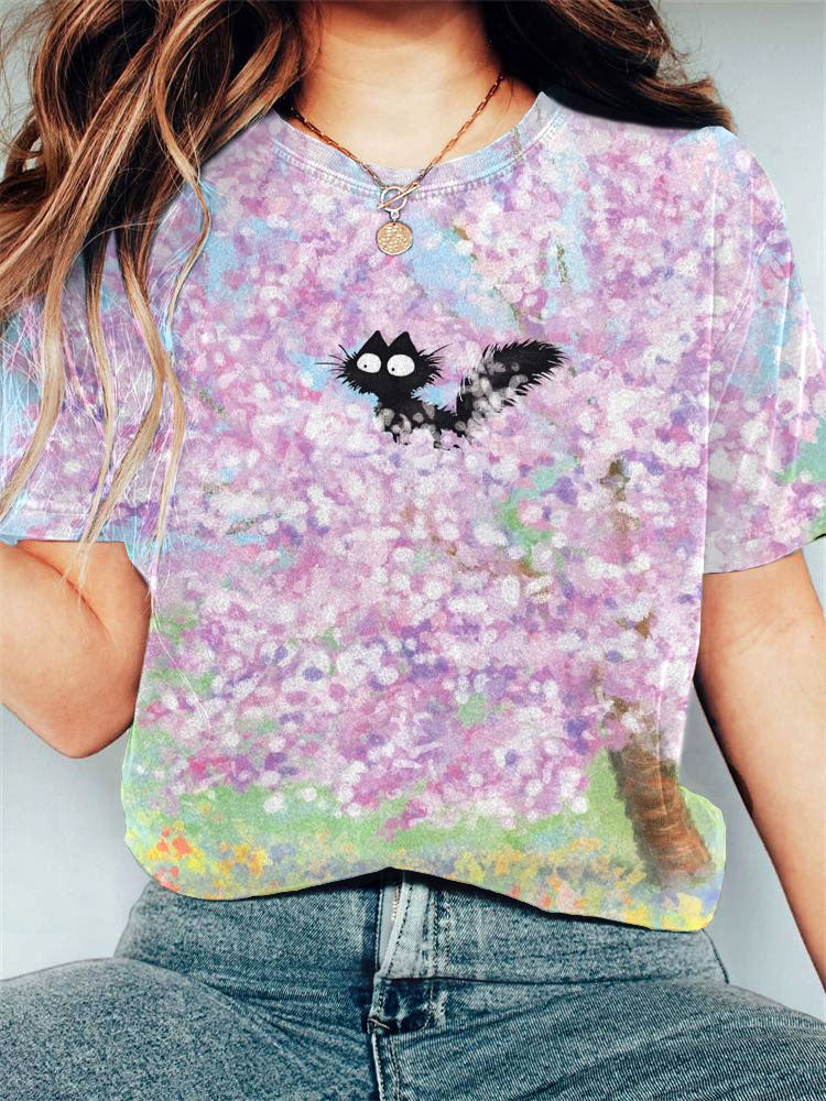 Women's Casual Japanese Art Black Cat Print T-shirt elevenforest