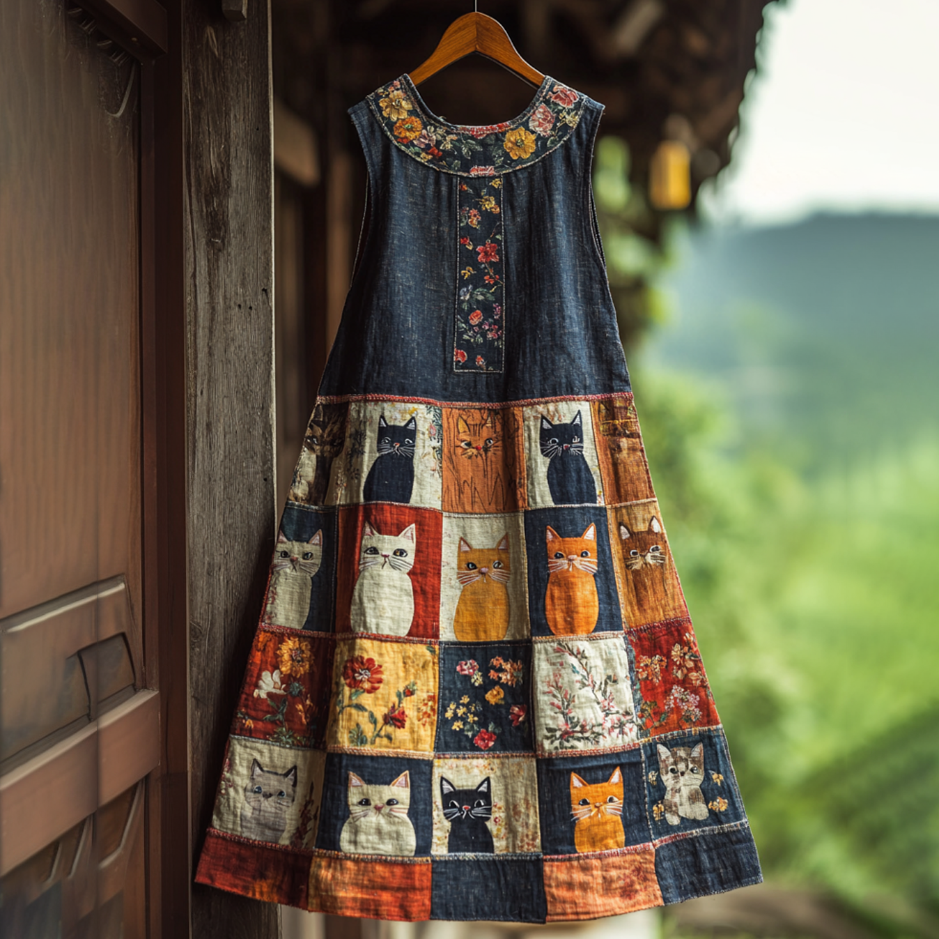 Casual Pop Cat Denim Patchwork Dress elevenforest