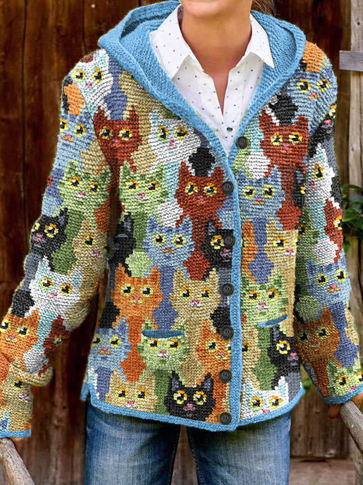 Colorful Cats Pattern Cozy Knit Hooded Cardigan elevenforest