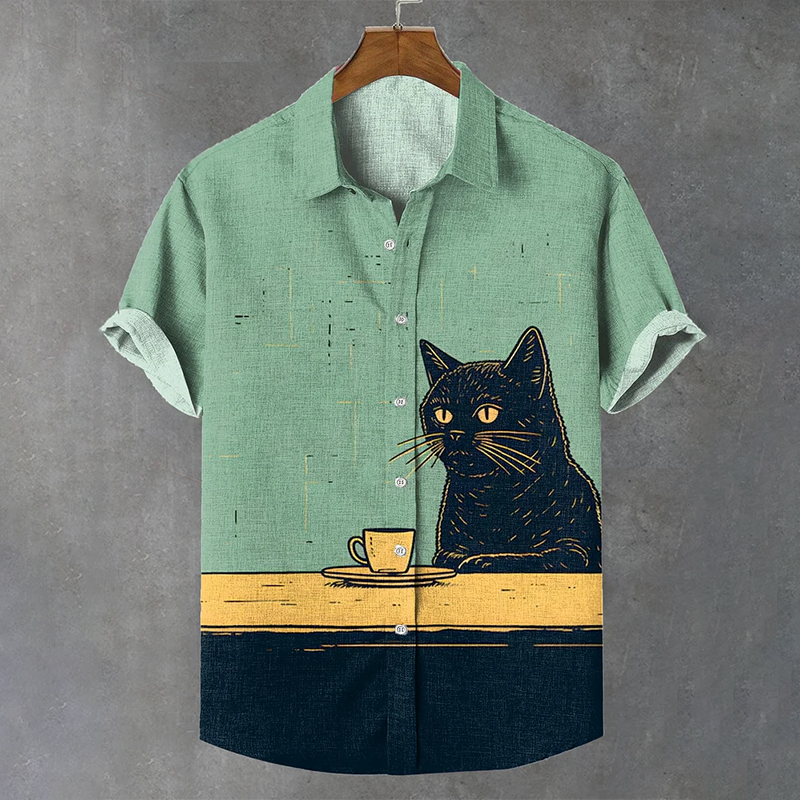 Retro Black Cat Chilling Coffee Art Linen Blend Shirt elevenforest