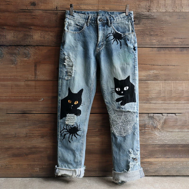 Women's Halloween Black Cats And Spiders Embroidery Vintage Washed Jeans elevenforest