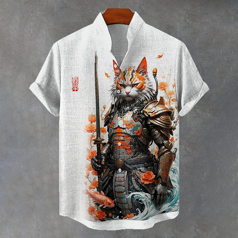 Retro Japanese Lucky Koi Cat Warrior Ink Painting Linen Blend Shirt elevenforest