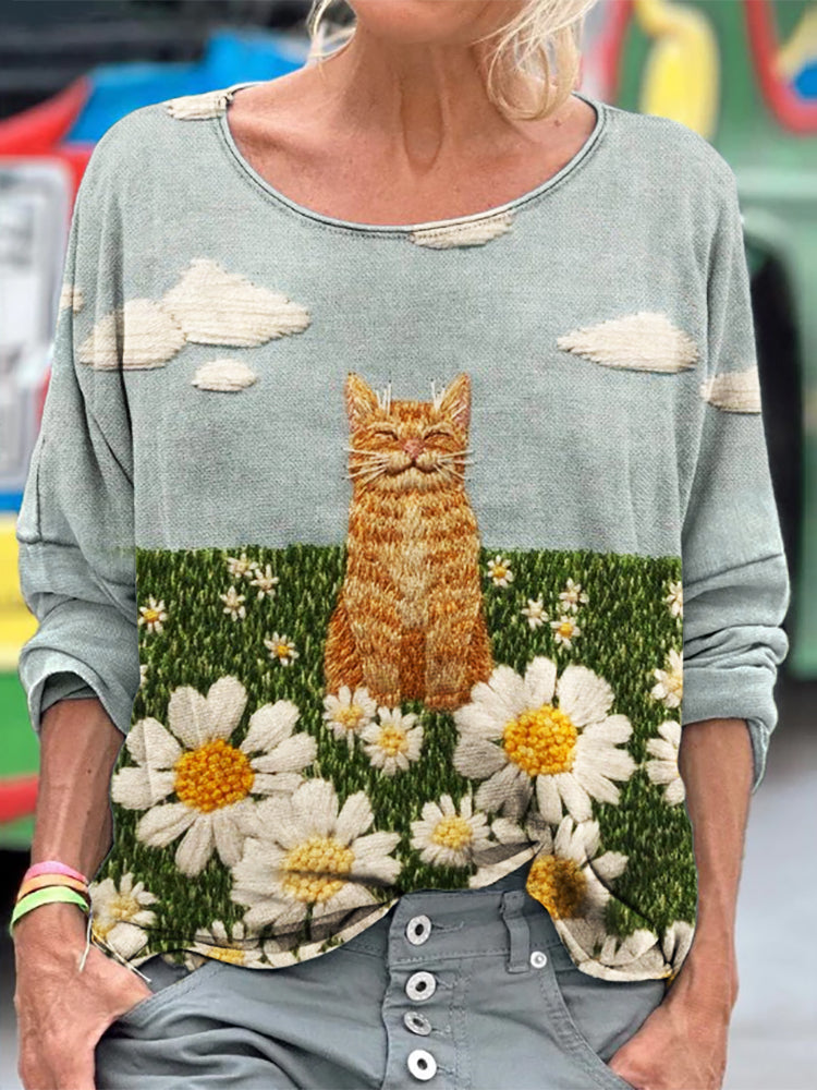 Purring Cat & Daisies Field Embroidered Art T Shirt elevenforest