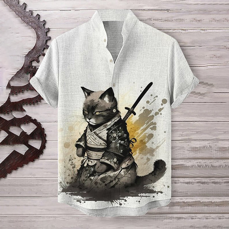 Japanese Samurai Cat Meditating Art Linen Blend Cozy Shirt elevenforest