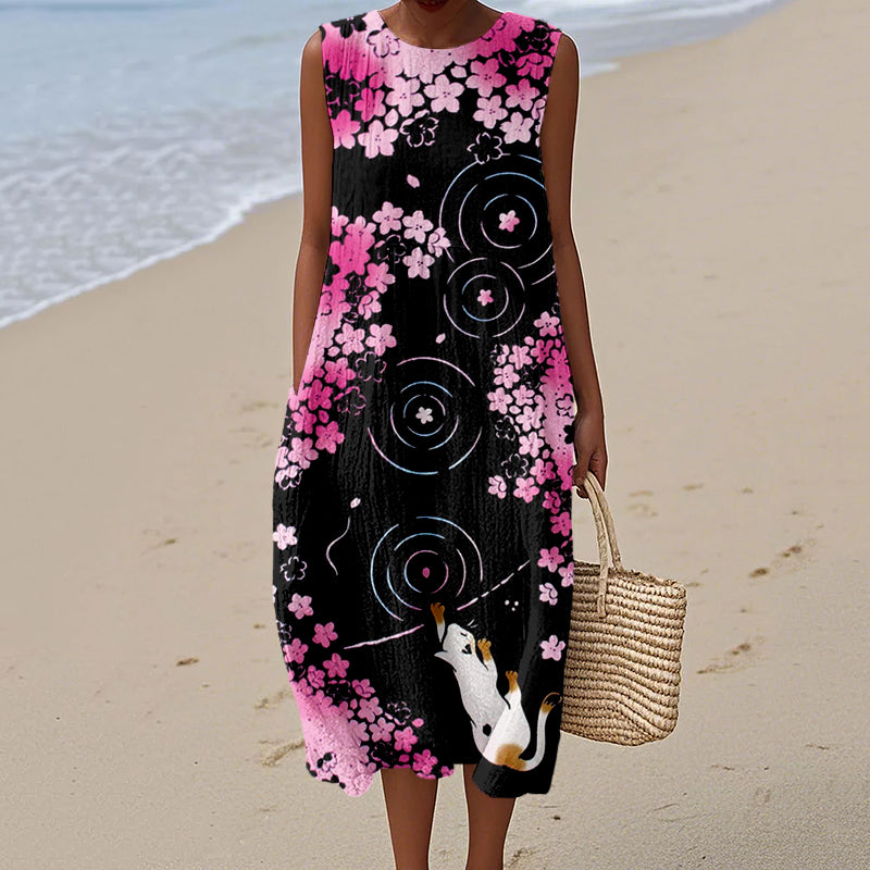 Cherry Blossom & Cat Art Pattern Linen Midi Dress elevenforest