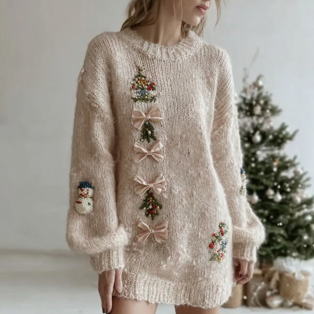 Women's Butterfly Christmas Tree Embroidery Knitted Crew Neck Sweater Dress artswardrobe