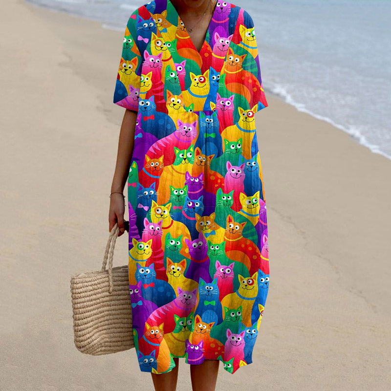 Colorful Kitten Print Women's Dress elevenforest