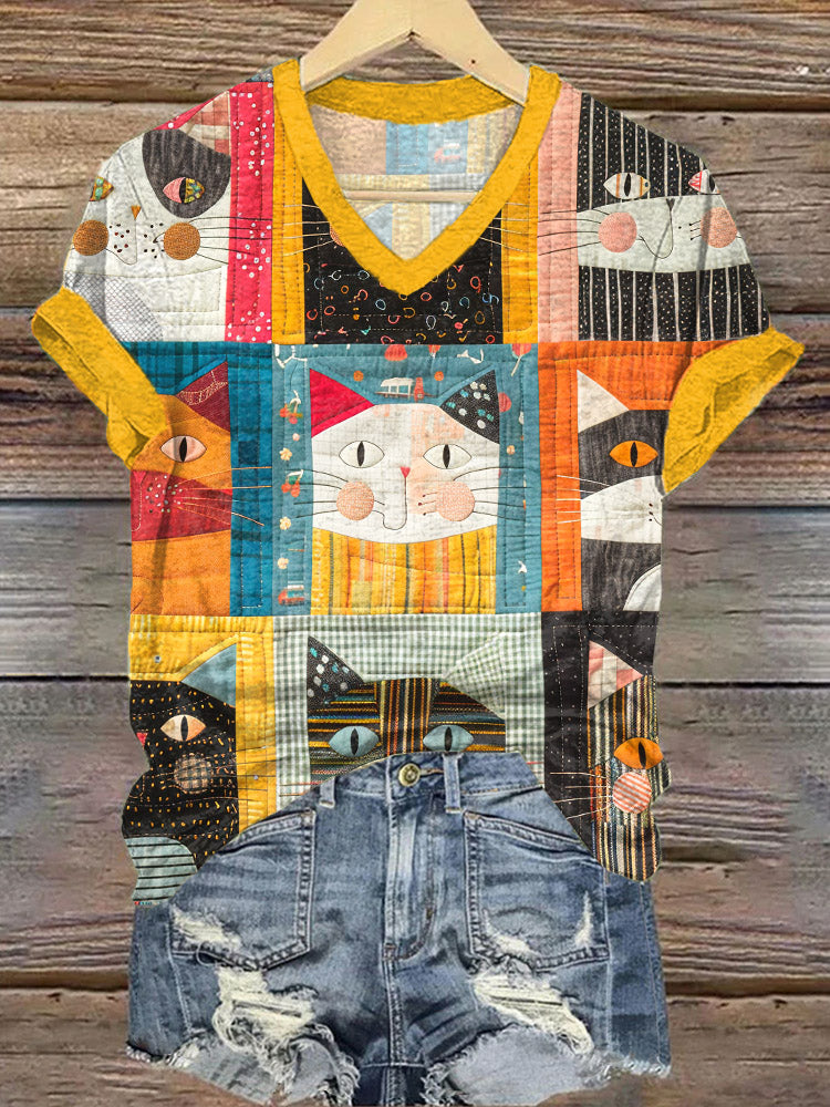 Cute Cat Patchwork Design V-Neck T-Shirt elevenforest