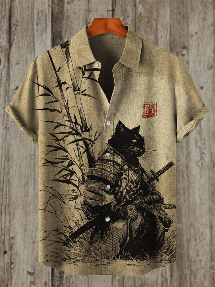 Japanese Cat Samurai Bamboo Ink Art Linen Shirt elevenforest