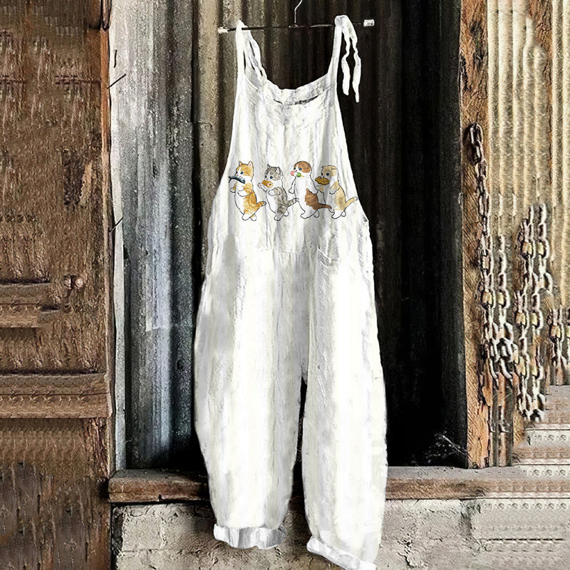 Vintage Cute Cats Art Linen Blend Loose Casual Jumpsuit elevenforest