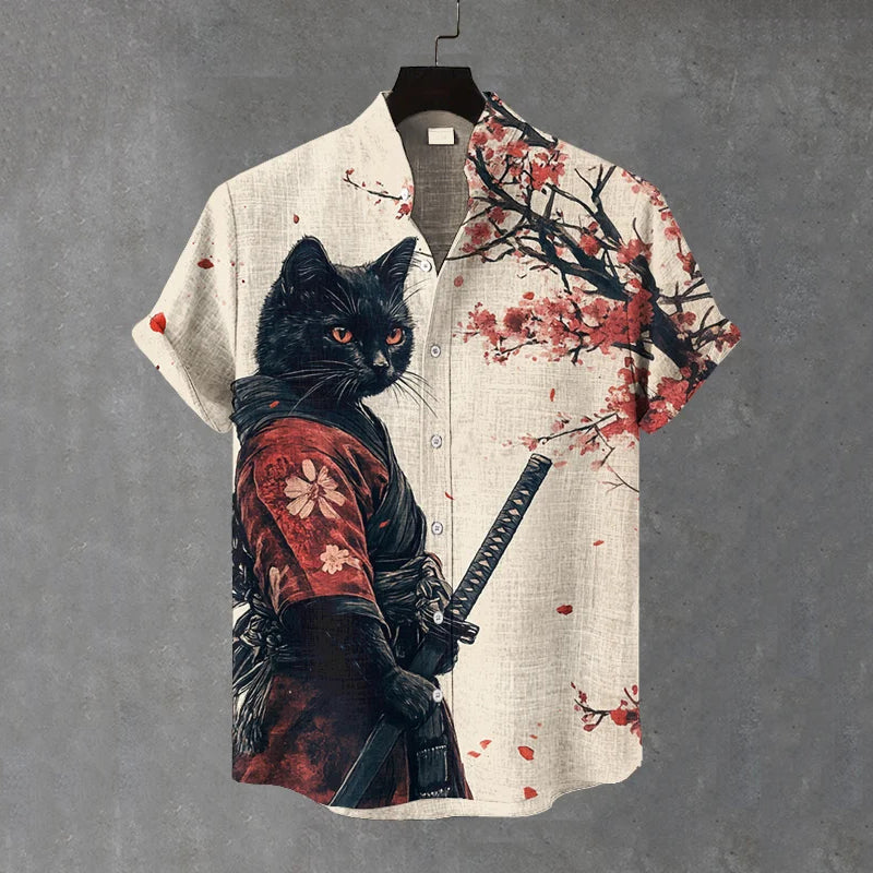 Men's Retro Black Cat Samurai Japanese Art Casual Short Sleeve Shirts elevenforest