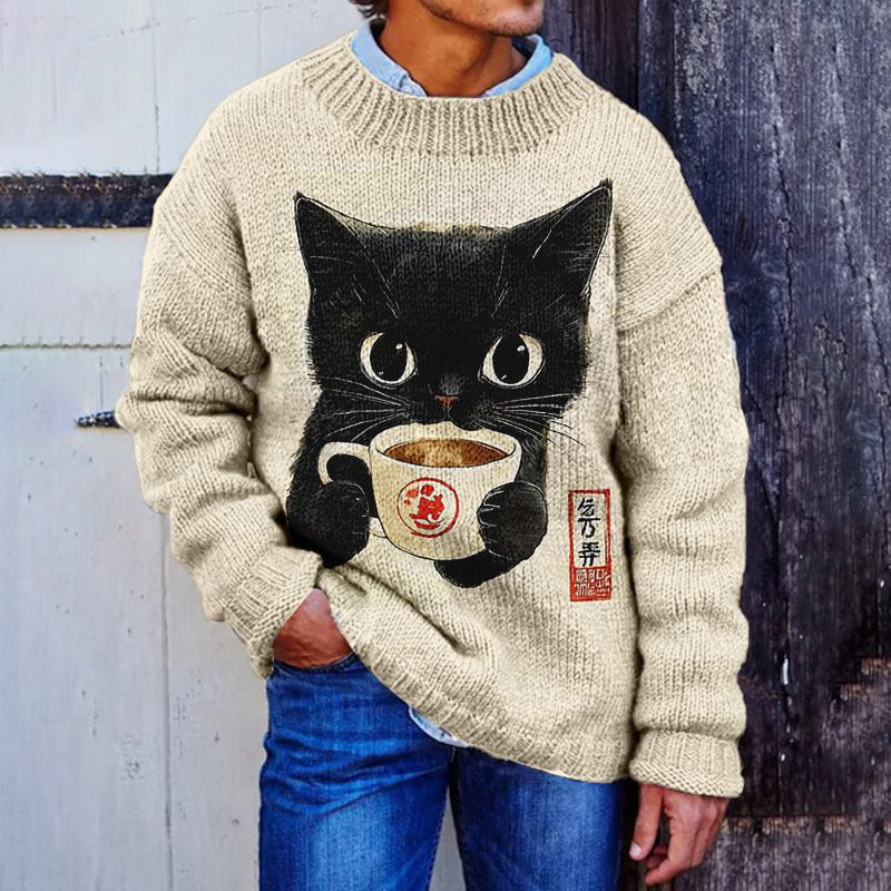 Men's Cute Cat Drinking Hot Coffee Japanese Art Print Knit Sweater elevenforest