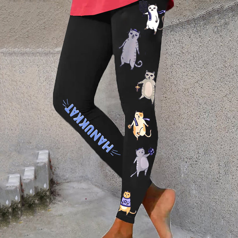 Women's Hanukkah Cat Print Casual Leggings elevenforest