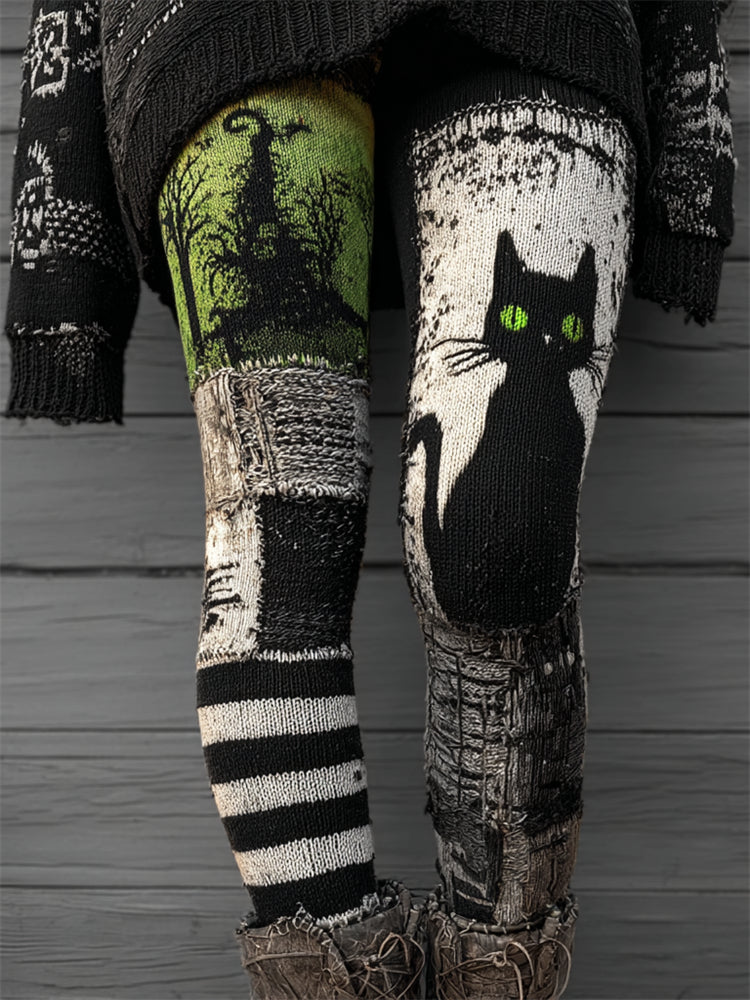 Halloween Black Cat Witch Striped Cozy Knit Leggings elevenforest
