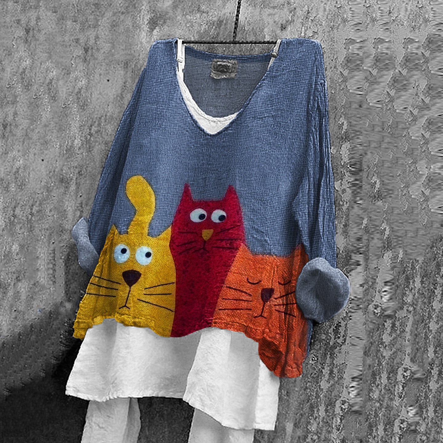 Vintage Abstract Color Cat Embroidery Art Linen Blend Blouse elevenforest