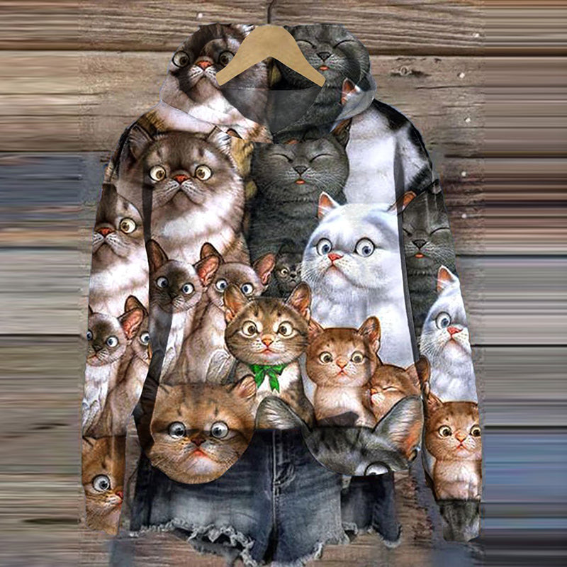 Vintage Cute Cats Art Print Casual Hoodie elevenforest