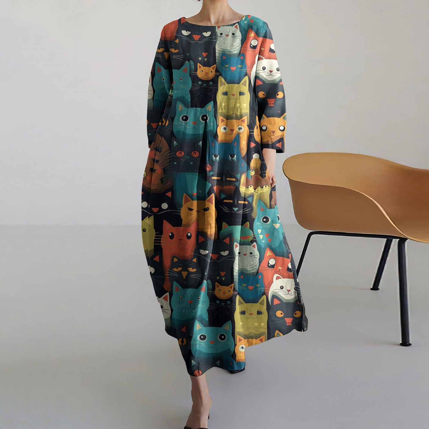 Women's Colorful Cat Print Crew Neck Dress elevenforest