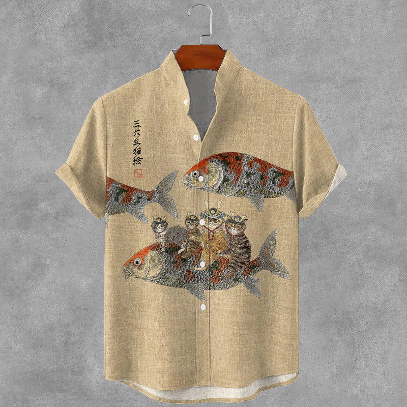 Men's Japanese Cat And Fish Art Linen Shirt elevenforest