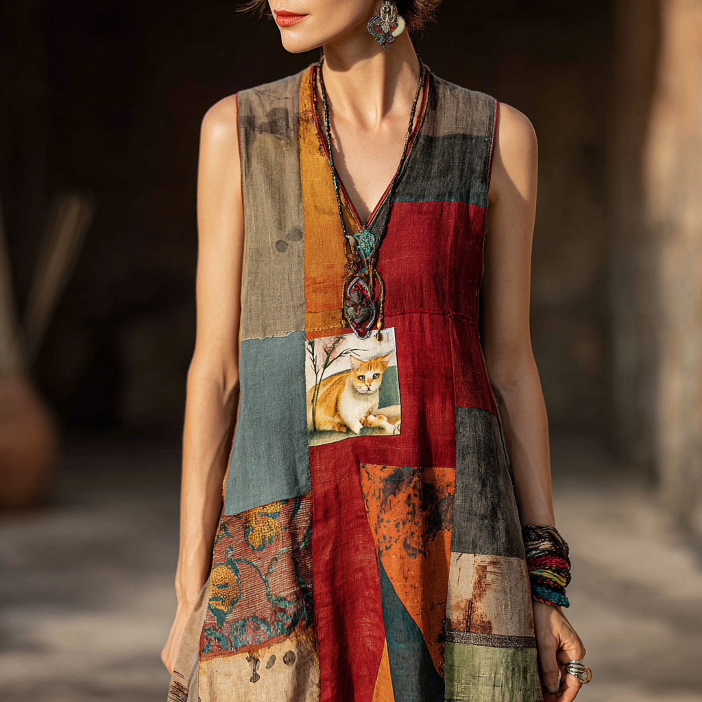 Women's Vintage Floral Cat Oil Painting Art Patchwork Sleeveless Dress elevenforest