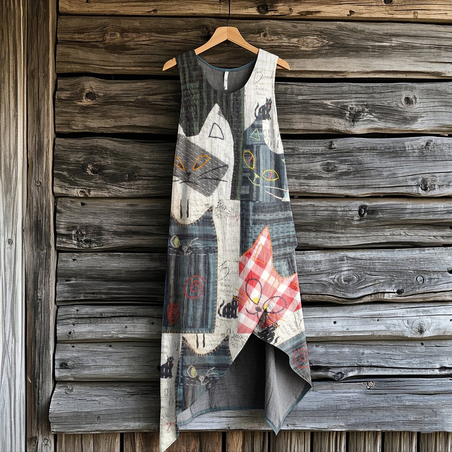 Women's Vintage Cat Patchwork Art Irregular Dress elevenforest