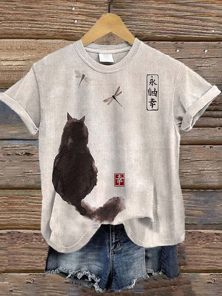 Ink Painting Black Cat Japanese Art Print T-Shirt elevenforest