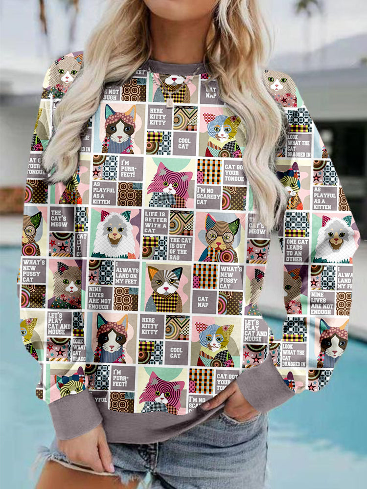 Life Is Better With A Cat Patchwork Pattern Cozy Sweatshirt elevenforest