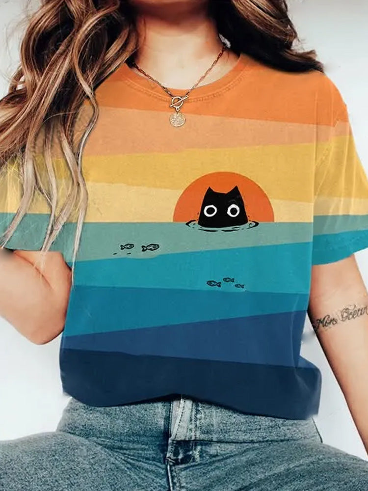 Rainbow Sun & Black Cat In The Sea Art Print Casaul T-shirt elevenforest