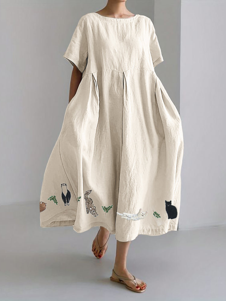 Cats & Leaves Embroidered Linen Blend Maxi Dress elevenforest