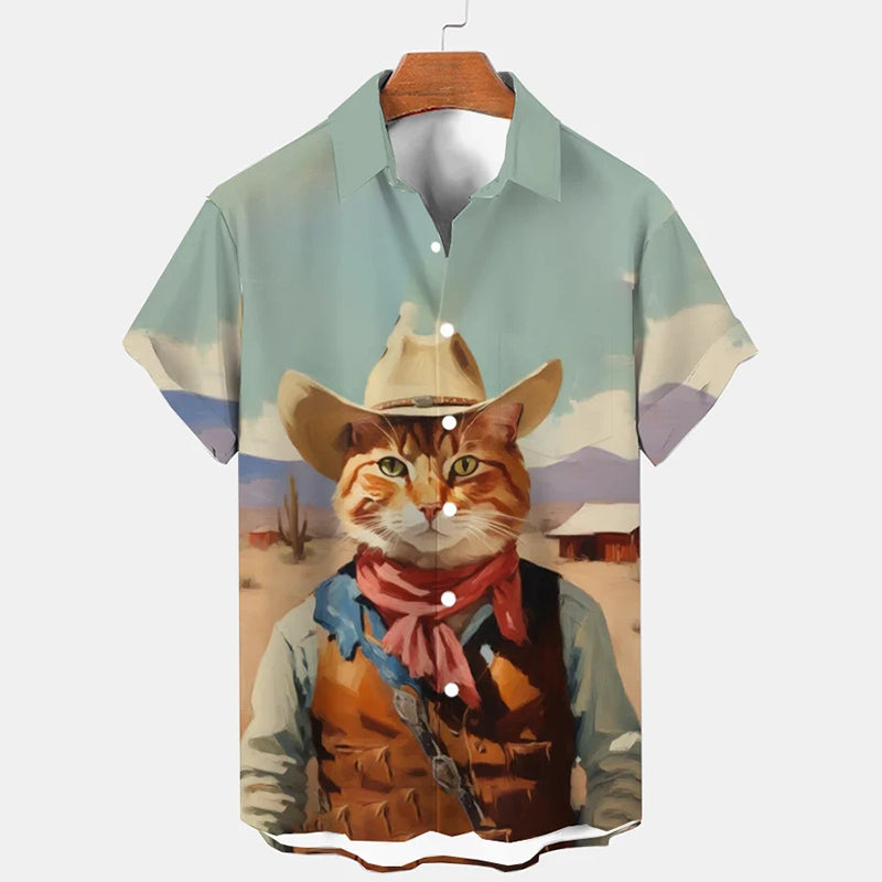 Men's Western Style Denim Kitten Print Casual Shirt elevenforest