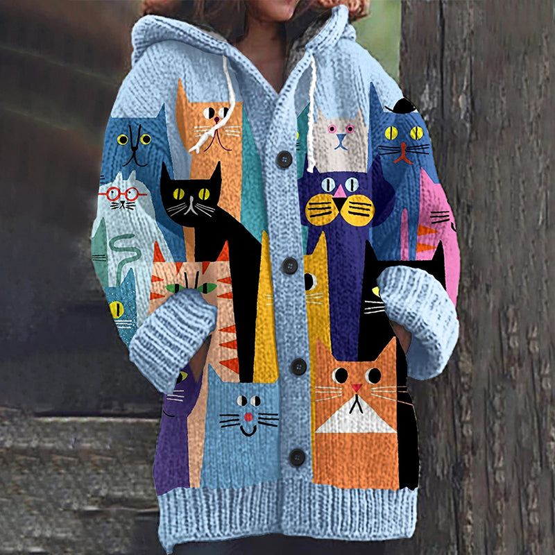 Colorful Cartoon Cat Pattern Cozy Hooded Knit Sweater elevenforest